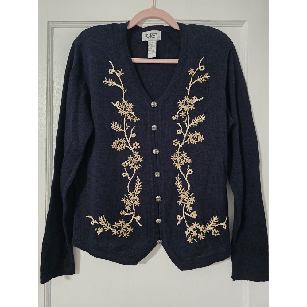Vintage Koret Women's Size XL Navy Floral‎ Embroidered Sweater Cardigan